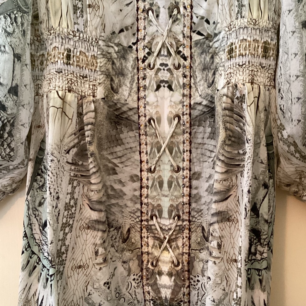 Camilla 100% Silk Daintree Dreaming Lace Up Shirred Waist Dress Blouson Sleeves - Picture 8 of 16